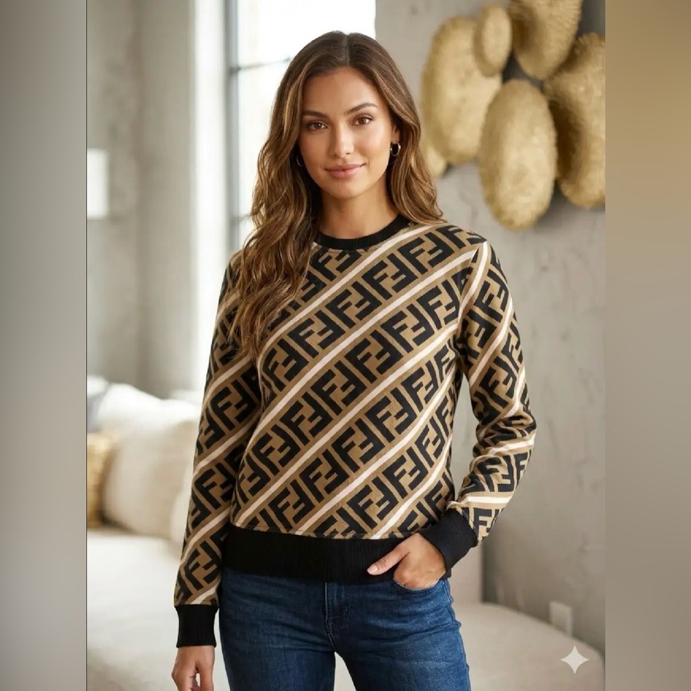 Fendi Tan and Black Logo Pattern Sweater
